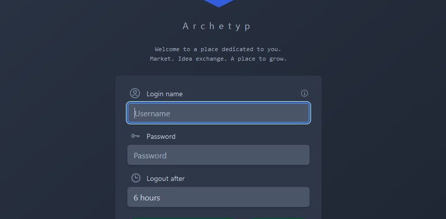 Login page for Archetyp Market